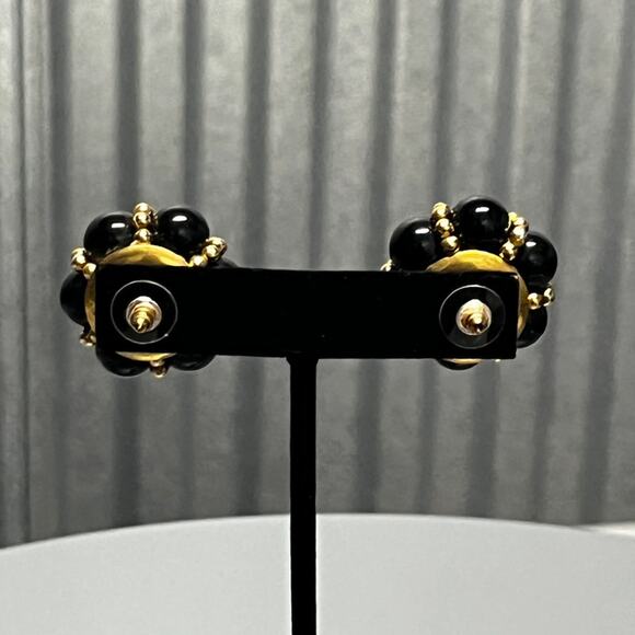 Black Beaded Flower Earrings Gold Trim Statement Studs Vintage Style Bold - Picture 3 of 4
